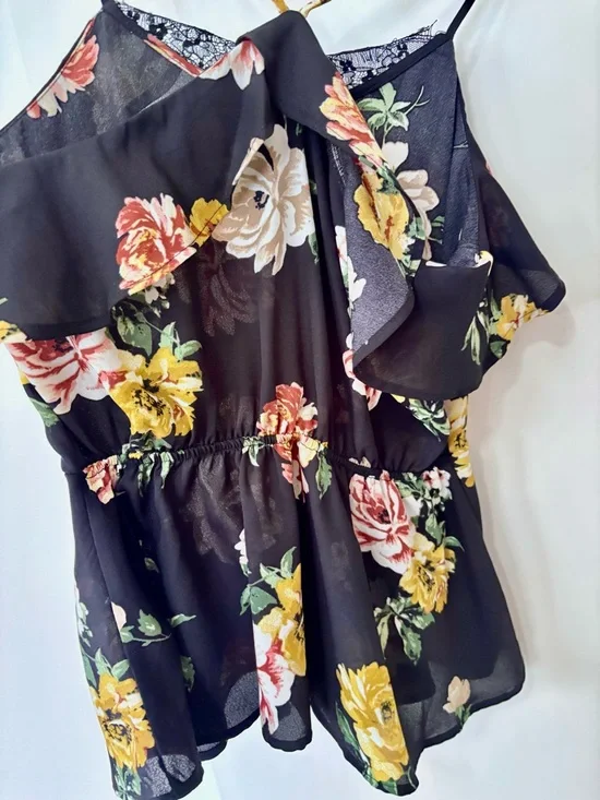 Monteau| Feminine Black & Pink Floral Lace-Trim Peplum Cami Blouse Sz S - Picture 5 of 7